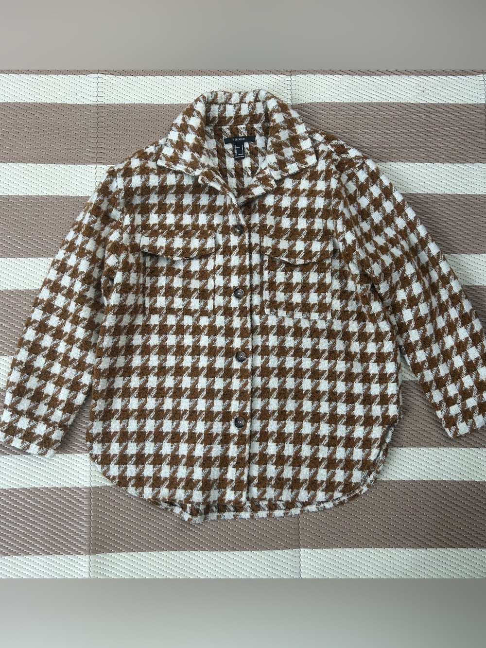 F21 Brown & Cream Houndstooth Button-Up Jacket